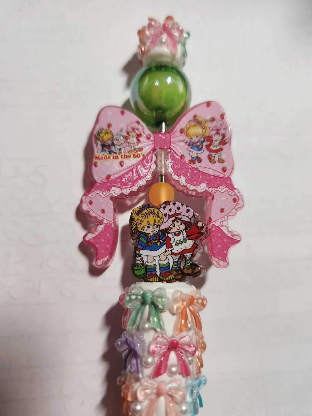 Bow Bead Charm Pen - Strawberry Shortcake And Rainbow Brite 80s Cartoon.
